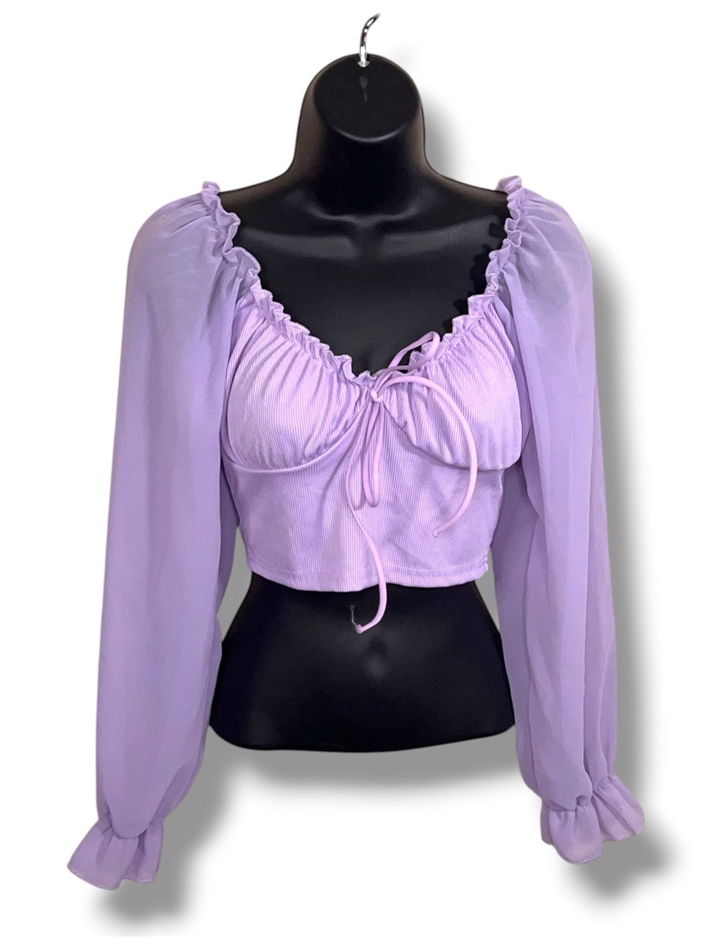 Small Lavender Purple Long Sleeve Sweetheart Neckline Peasant Ruffle Stretch